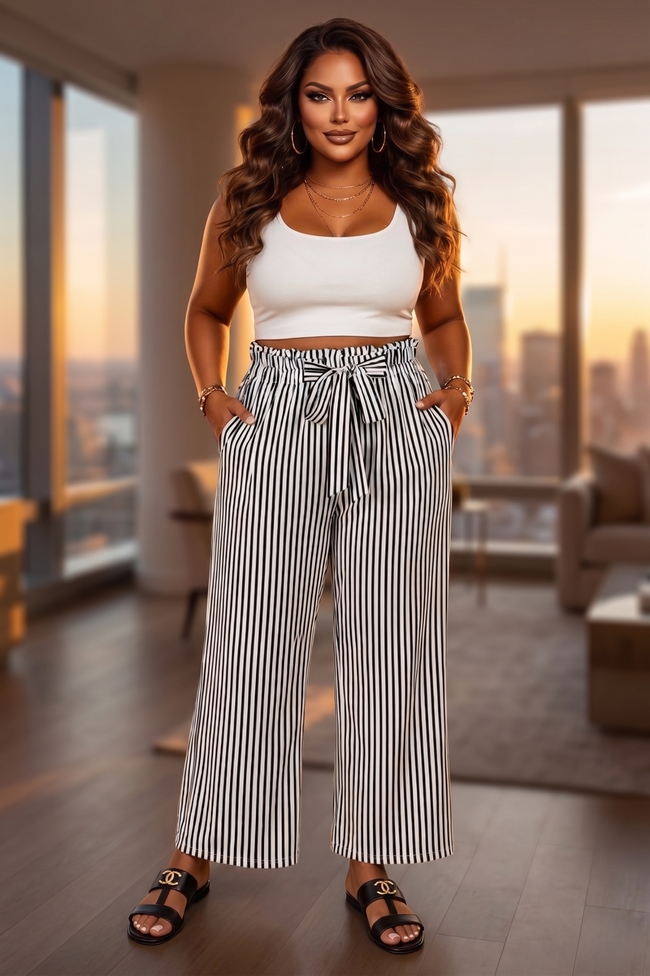 Plus Size Stripe Tie Waist Straight Pants Wäre Rare Fashion