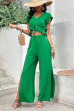 V-Neck Ruffle Hem Top and Slit Pants Set Wäre Rare