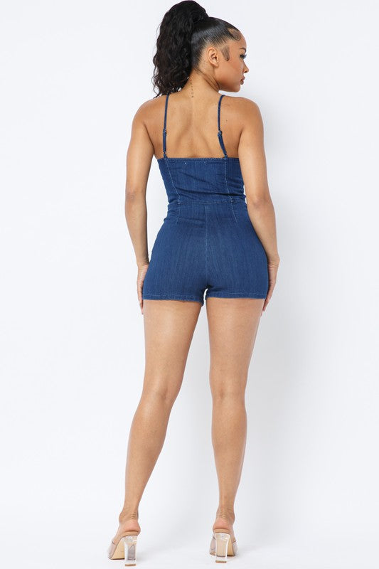 DENIM ROMPER WITH FRONT CUTOUT AND BUTTONS - Wäre Rare