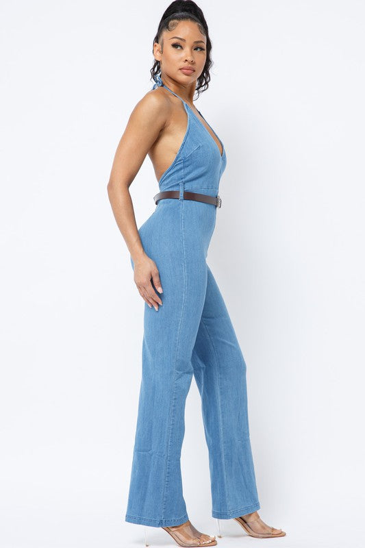 HALTER NECK TIE DENIM JUMPSUIT WITH BELT - Wäre Rare