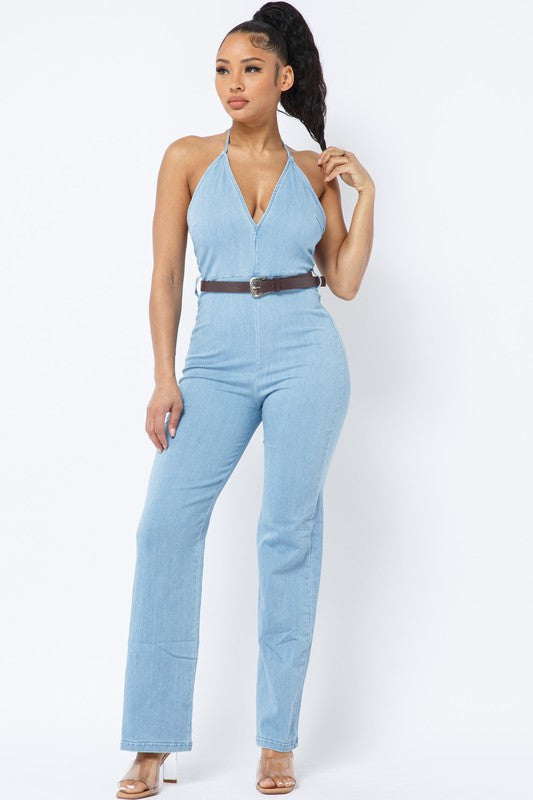 HALTER NECK TIE DENIM JUMPSUIT WITH BELT - Wäre Rare