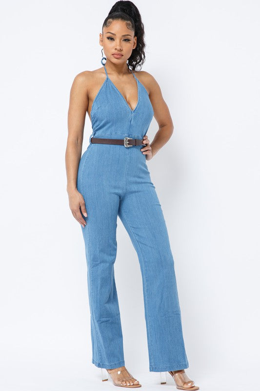 HALTER NECK TIE DENIM JUMPSUIT WITH BELT - Wäre Rare
