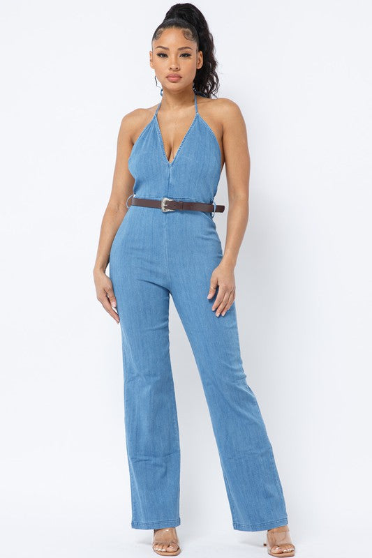 HALTER NECK TIE DENIM JUMPSUIT WITH BELT - Wäre Rare