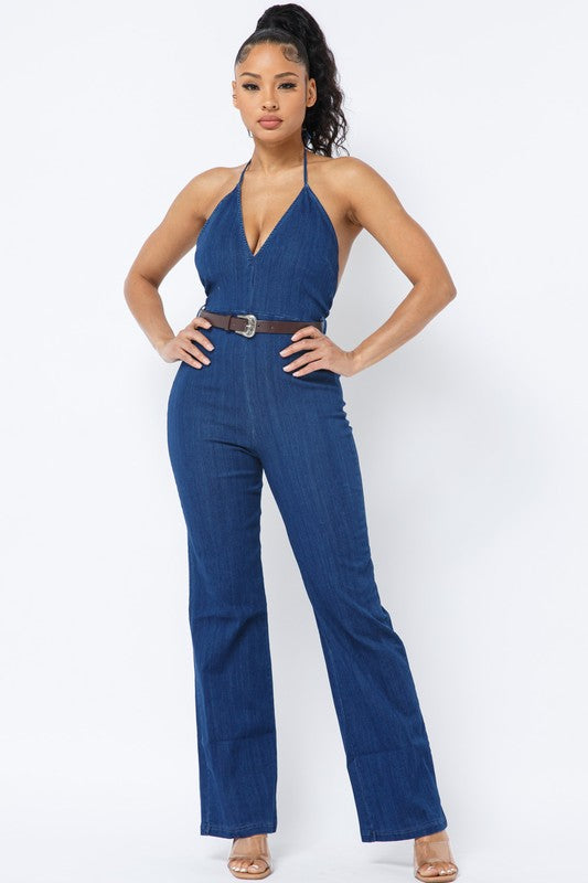 HALTER NECK TIE DENIM JUMPSUIT WITH BELT - Wäre Rare