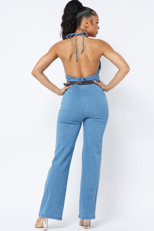 HALTER NECK TIE DENIM JUMPSUIT WITH BELT - Wäre Rare