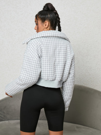 CROPPED HOUNDSTOOTH ZIP-UP JACKET