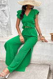 V-Neck Ruffle Hem Top and Slit Pants Set Wäre Rare