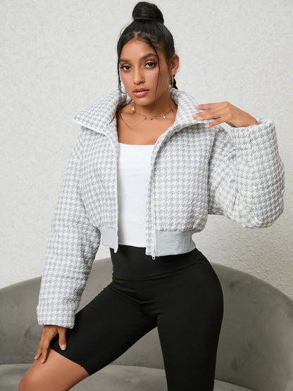 CROPPED HOUNDSTOOTH ZIP-UP JACKET