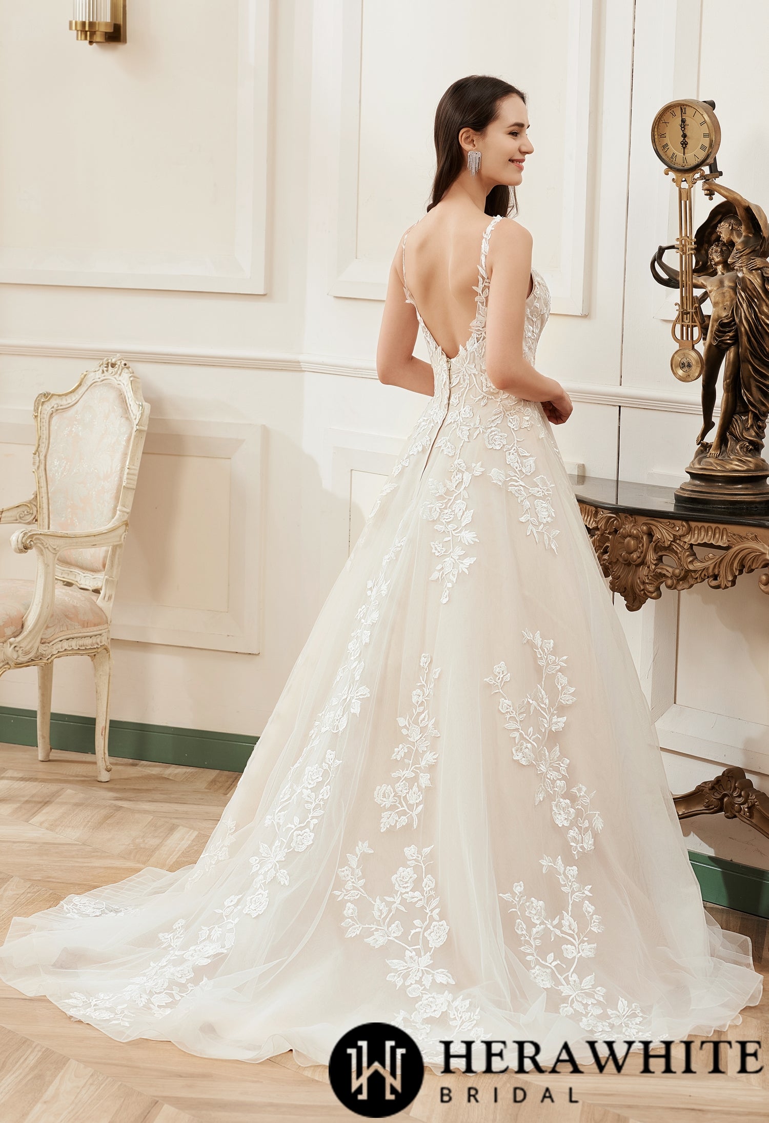 A-Line Floral Details With Illusion Straps Wedding Dress - Wäre Rare