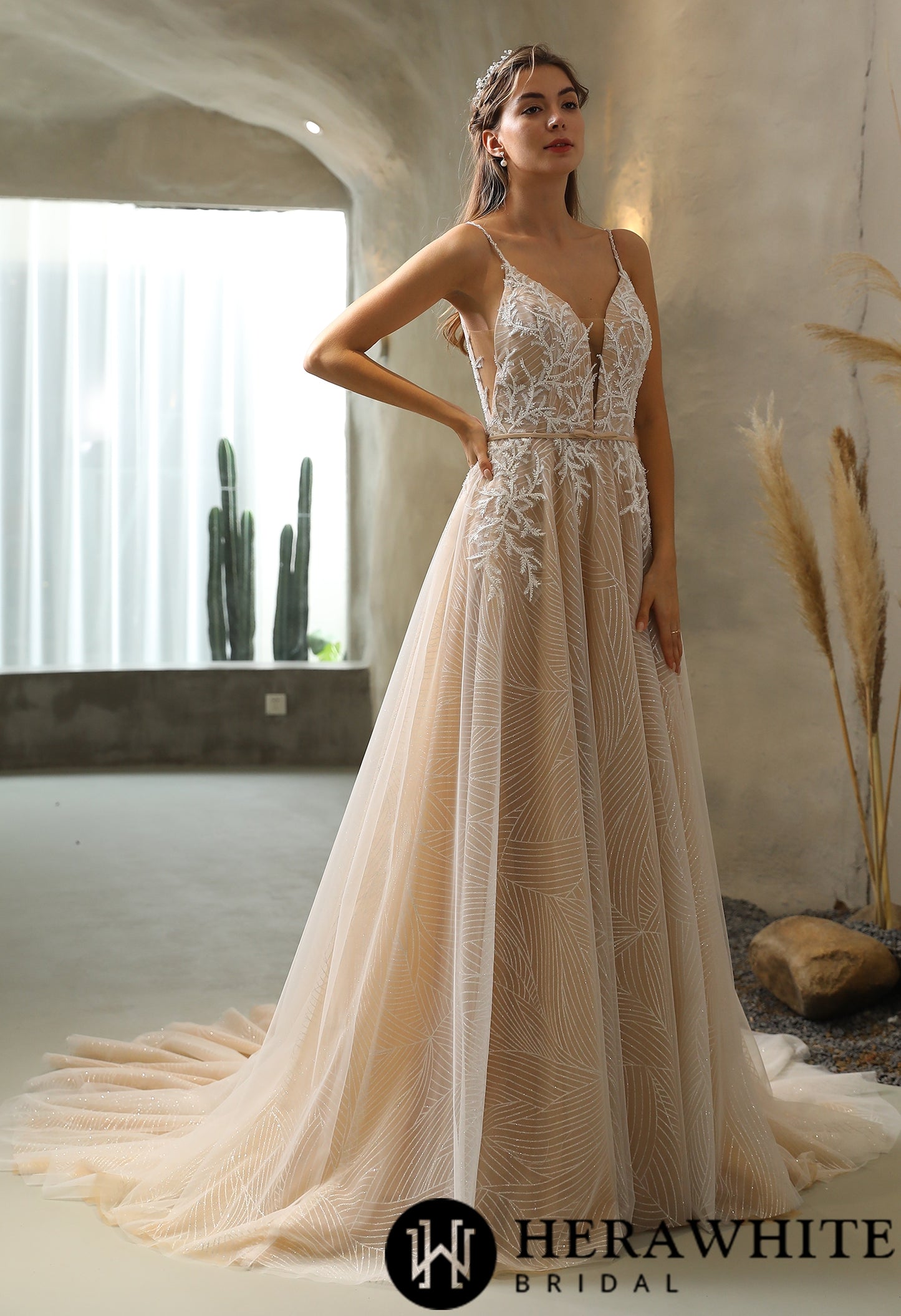 Shimmery Sequined Lace A-line Wedding Dress With Long Train - Wäre Rare