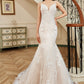 Champagne Fit And Flare With Beaded Straps Floral Lace Wedding Dress - Wäre Rare