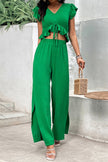 V-Neck Ruffle Hem Top and Slit Pants Set Wäre Rare