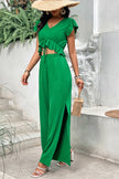 V-Neck Ruffle Hem Top and Slit Pants Set Wäre Rare